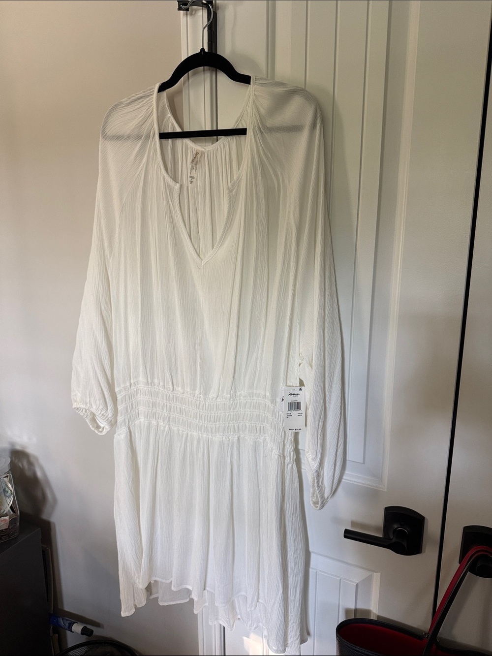 Women's White Smocked Waist V-Neck Long Sleeve Coverup